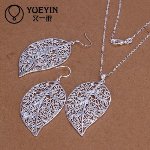 2016 Free Shipping silver plated Jewerly Set for Women Bridal Wedding jewelry sets Wholesale Hollow Leaf Pendant brincos