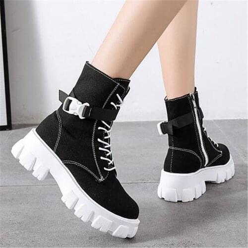 2021 Autumn New Womens Ankle Boots Canvas Round Toe Mid Heel Sneakers For Woman Fashion Platform Lace Up Shoes Botas Mujer