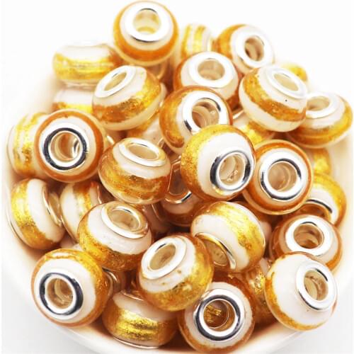 10Pcs Wholesale Lot Gold Glitter Big Hole European Beads Charms Bulk Fit Pandora Bracelet Chain Cord Necklace for Jewelry Making