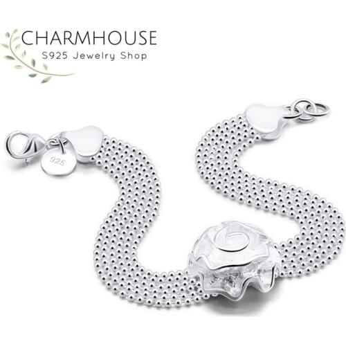 Pure Silver Charm Bracelets & Bangles For Women Multi Layer Beads Rose Link Chain Bracelet Wristband Pulseira Wedding Jewelry