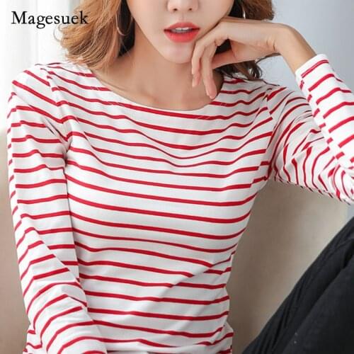 Cotton T Shirt Women Loose O-Neck Woman Tshirts Clothes Striped Top Autumn Tee Shirt Bottom Shirt Long-sleeved T-shirt 15642