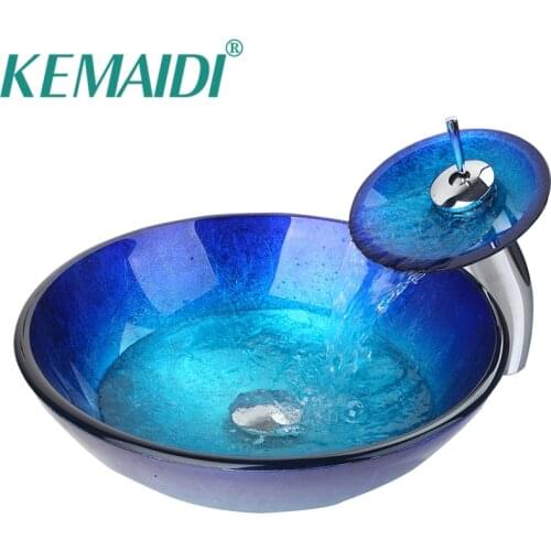 KEMAIDI Luxury Modern Tempered Glass Bathroom Basin Hand Painting Faucet Vessel Waterfall Wash Basin With Pop Up Drain Set