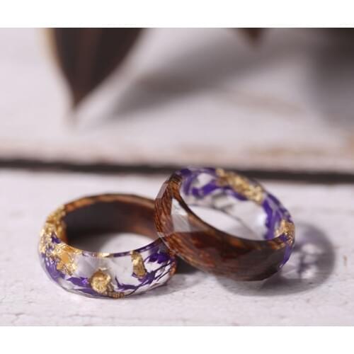 Wood and Purple Flowers Rings For Women Gold Flake Inside Epoxy Resin Rings Female Statement Party Charm Jewelry TN-0213
