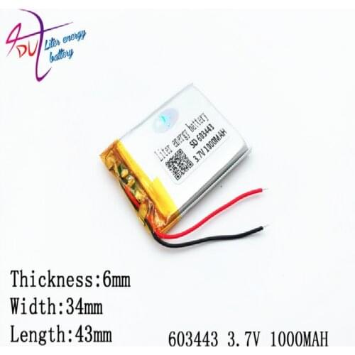 3.7V 1000mAh 603443 Lithium Polymer Li-Po li ion Rechargeable Battery cells For Mp3 MP4 MP5 GPS mobile bluetooth