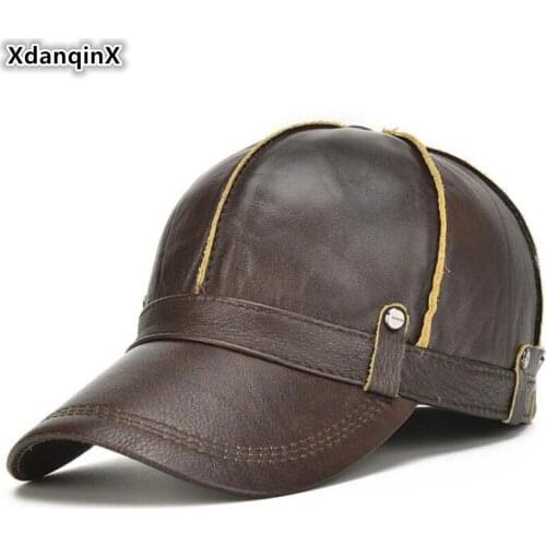 XdanqinX Mens Genuine Leather Hat Cowhide Baseball Cap Adjustable Size Novel Brands Caps Men Warm Leather Cap Snapback Hats