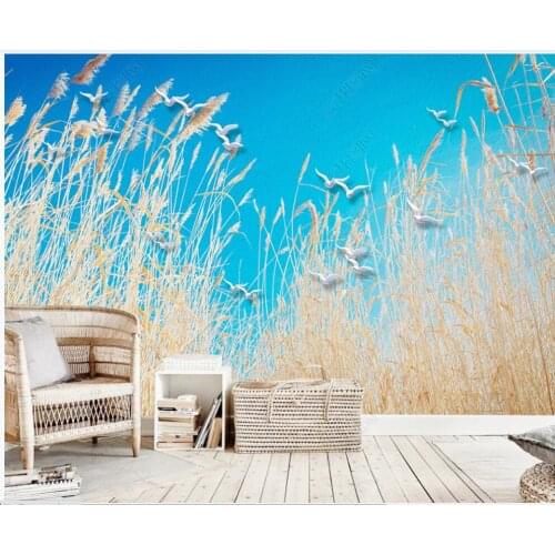 3d photo wallpaper custom mural Modern fresh reed blue sky and birds pastoral home decor living room wallpaper for walls 3 d