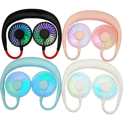 2019 New Mini Portable LED Light USB Rechargeable Fan Neck Hanging Style Dual Cooling Lazy Fan for Student Home School Use Suppl