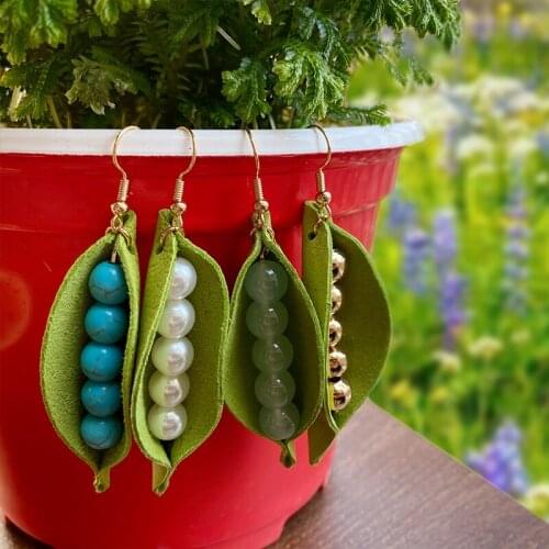 New Spring Style Pearl Green Color Beads Peas Sheepskin Leather Drop Earrings For Women