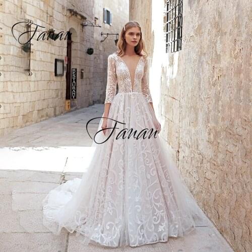 New Scoop Neck Sexy Deep V Backless Wedding Dress A-Line Three Quarter Sleeve Lace Appliques Bridal Gown Свадебное платье