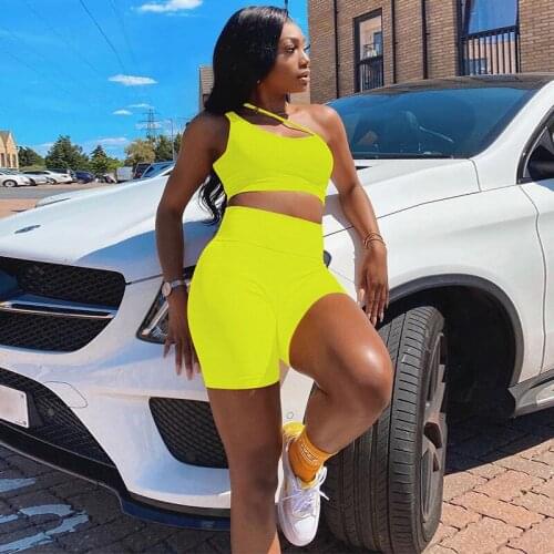 Solid Asymmetrical Sleeveless Sexy Yoga Sports Two Piece Set Women Oblique Collar Crop Top and Slim Shorts Pant Sets Activewear