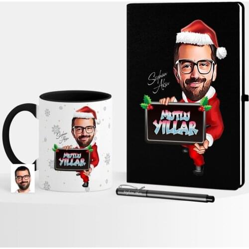 Personalized Christmas Themed Bay Caricature Of Black Notebook Pen Mug set-1