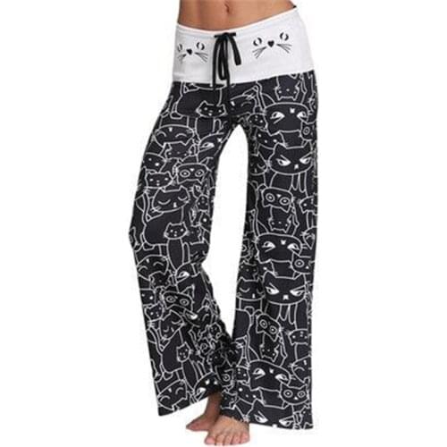 Cute Digital Printing Cartoon Cat Womens Sleep Bottoms Spring Summer Pajama Long Pants Women Bell-bottoms Pyjamas Trousers