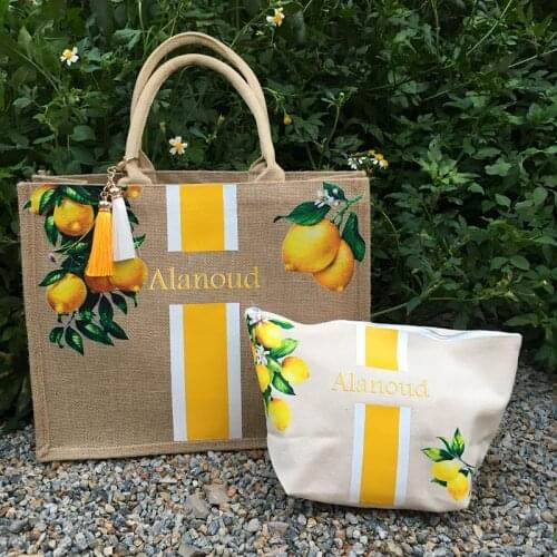 Custom Lemons Tree Tote Bag Bachelorette Gift Bag Burlap Personalized Beach Tote Tropical Bridesmaid Gift Ideas Beach Tote Bags