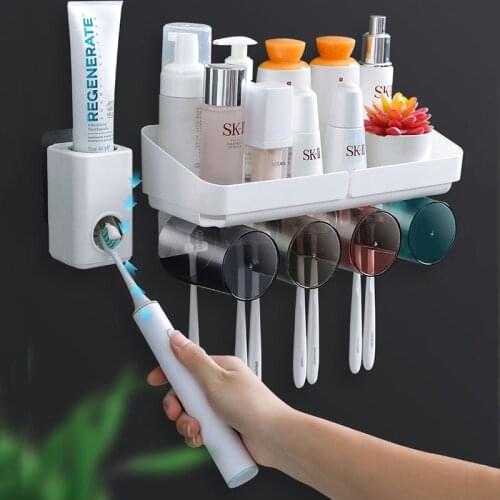 GURET Moisture-Proof Toothbrush Holder Automatic Toothpaste Dispenser Wall-Mounted Bathroom Organizer Home Bathroom Accessories