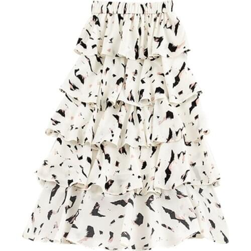 PERHAPS U Women Print Knee Length Skirt Asymmetrical Chiffon Cascading Ruffle Summer S0158