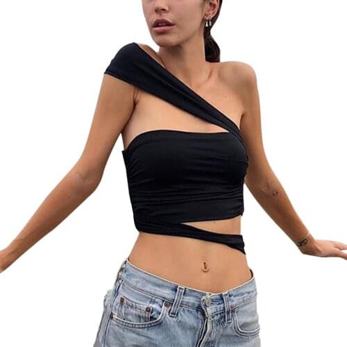 Women’s Fashion Solid Color Camisole Summer Sexy Oblique Shoulder Exposed Navel Vest Top