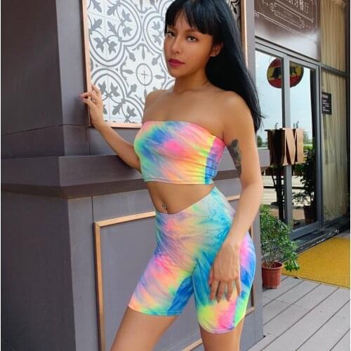 Women´s Summer Outfits 2-Piece Fashion Sexy Tie-dye Print Tube Top + High Waist Shorts Leggings Casual Tracksuit Sport Suits