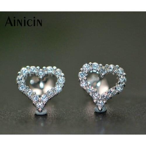Fsahion Hollow Out Heart S925 Sterling Silver Stud Earrings 9~10mm Small Size CZ Stone Setting Fashion Women Gift Jewelry 12pair