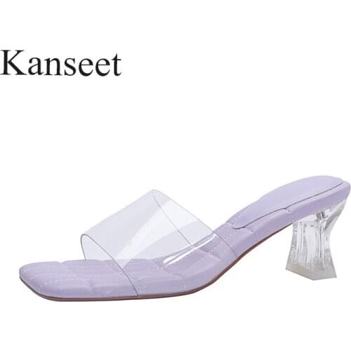 Kanseet Women Slippers 2021 Summer New Crystal Heels Square Toe Soft Handmade Shoes Hot Sale White Purple High Heels Women Shoes