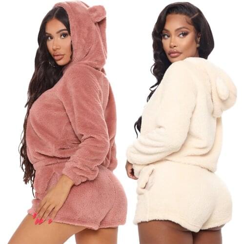 Double-sided Plush Solid Color Warm Hoodie Tops and Pocket Short Pants Women Two Piece Outfits Winter Casual Tracksuits