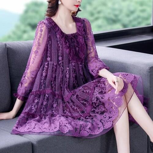 2021 Spring Fall Women Sweet Cute Ruffled Lace Patchwork Embroidery Purple Dress , Woman Cute 4xl Loose A Line Dresses