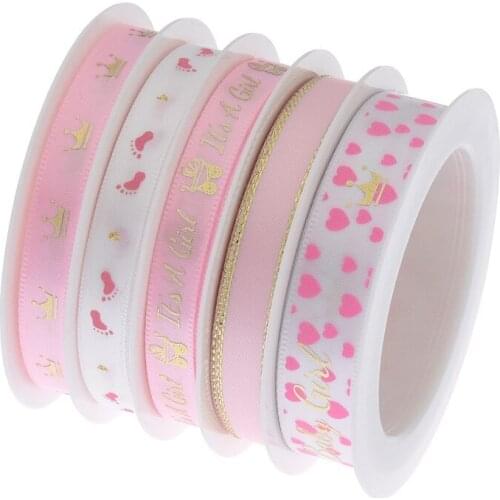 10m /each style 5m ribbon Baby stroller crown bronzing ribbon gift packaging Baby Baptism printing letter pink /bule ribbon