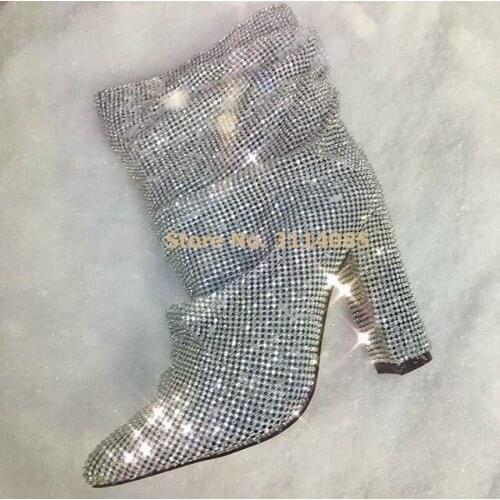 2019 Newest Design Pointed Toe Bling Bling Crystal Boots Chunky Heels Mid-calf Dress Boots Silver Black Rhinestone Wedding Shoes