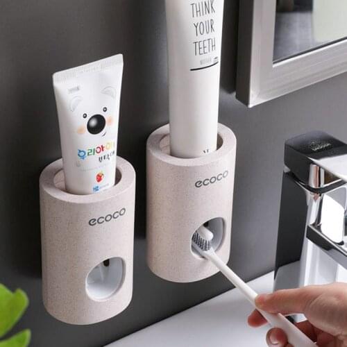 ECOCO Automatic Toothpaste Dispenser Dust-proof Toothbrush Holder Wheat straw Wall Mounted Toothpaste Squeezer for bathroom