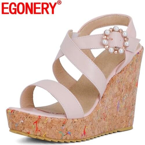 EGONERY Women summer New Style Fashion Slope Heel Sandals Leisure Working Shoes belt buckle decoration lovely sweet Concise