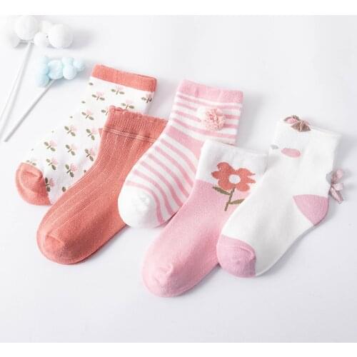 3-12Yrs Kids Girls Cotton Flower Socks Baby Child Autumn Spring Warm Short-Socks Multi-Color 5PCS/LOT