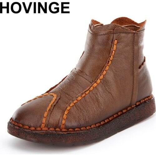 HOVINGE Brand Winter National Wind Retro Handmade Genuine Leather Boots Wild Flat Warm Soft Bottom Mothers Boots Cotton shoes