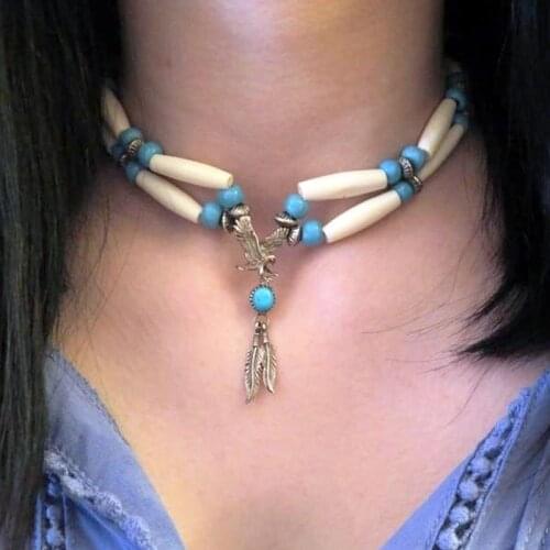Beautiful Vintage Sterling Sliver Eagle w/Round turquoise Stone Buffalo Bone choker necklace Antique Glass Blue Beads