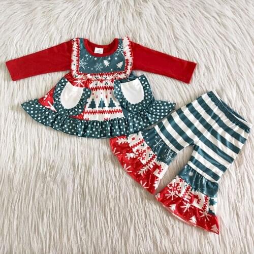 Fashion kids winter long sleeve outfit baby girls outfit with pockets toddler girl christmas tree and striped clothing set