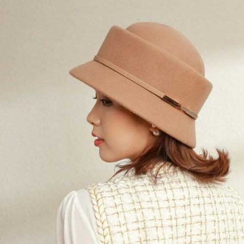 2021 New Winter Hats For Women Quality Wool Fedoras Lady Fashion Pork Pie Felt Hat Metal Buckle Bucket Hat Female Church Cap