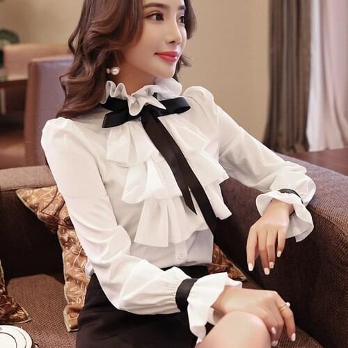 New Women Blouse Tops white Ruffles Bow Long Sleeve Shirt Casual Chiffon Blouse 2020 New Work Wear Office Blusas Femininas