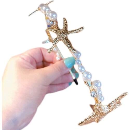 32CE Minimalist Marine Style Women Hair Hoop Metallic Gold Starfish Vintage Thin Headband Imitation Pearl Beading Jewelry
