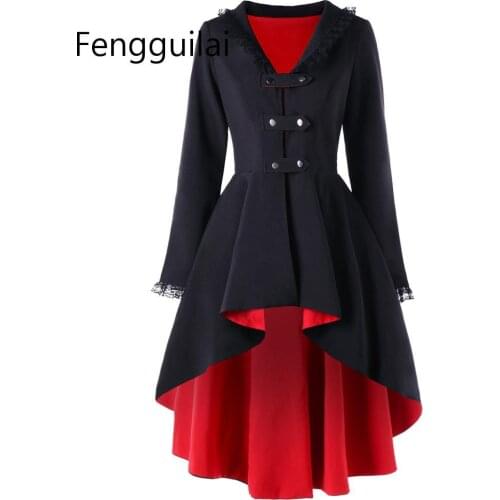 Women Autumn Winter Coat Back Lace Up High Low Gothic Coat Trench Euro Style Back Cross Bandage V-Neck Long Coat Outwear