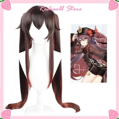 Genshin Impact Mona Hutao Cosplay Wig Gradient Pigtails Synthetic Long Straight Heat Resistant Hair Ponytails Women Free Wig Cap