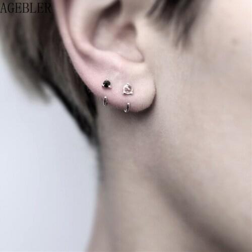 New Punk Vintage Style Black Zircon Mini Hoop Earrings S925 Sterling Silver Earrings for Women Men Jewelry Fashion Gift