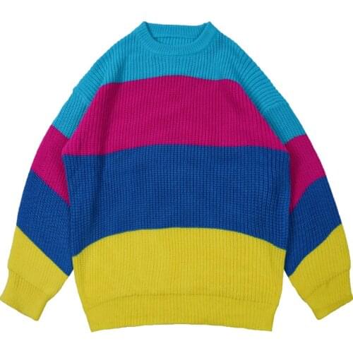 Harajuku Vintage Oversize Knitted Sweater Rainbow Sweaters Stripe Knitted Pullovers Winter Clothes Cotton Long Women Sweater