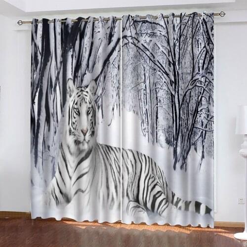 High quality custom 3d curtain fabric winter snow forest tiger curtains 3D Blackout Window Curtains For Living Room