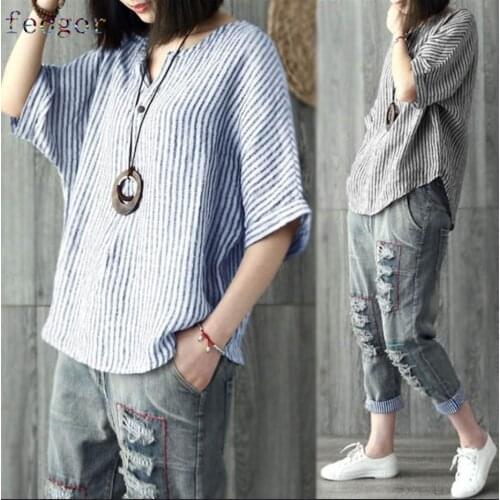 FEOGOR Womens blouse casual shirt 2021 summer and autumn new womens V-neck bat sleeve striped cotton casual top T-shirt