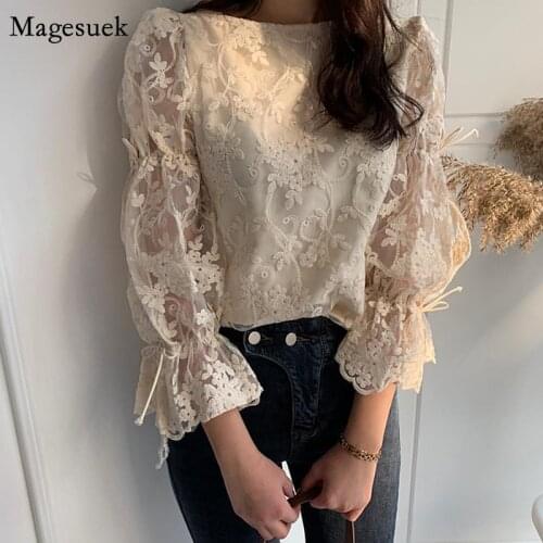Spring Lace Women Blouse Elegant Flare Sleeve Embroidered Floral Casual New Girl Chiffon Shirt Fashion Tops Blusa Womens 13499