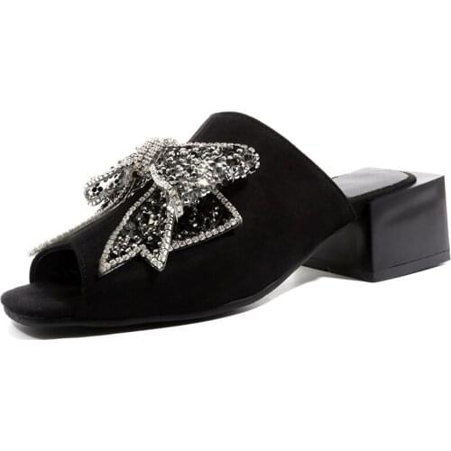 Sandals Women 2021 Sandalisa De Las Mujeres Design Slipper Flock Square Heel Peep Toe Shoes for Women Black Crystal Yellow Bonit