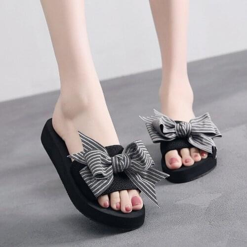 Female Summer Fashion Handmade Bow Slippers Womens Non-Slip Wedge Heel Shoes Casual Breathable Beach Slippers Shoes
