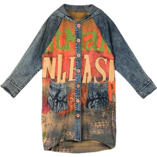 2021 Spring Autumn Fashion Letter Denim Printing Cardigan Knitted Red Letter Hooded Coat Women Winter Long Denim Patchwork Coats