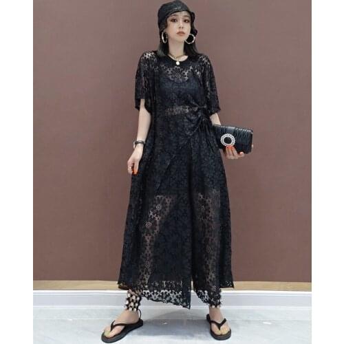 2020 Real Summer Womens Suit Loose Temperament Irregular Short-sleeved + Foreign Wide-leg Pants Hollow Lace Two-piece Tide