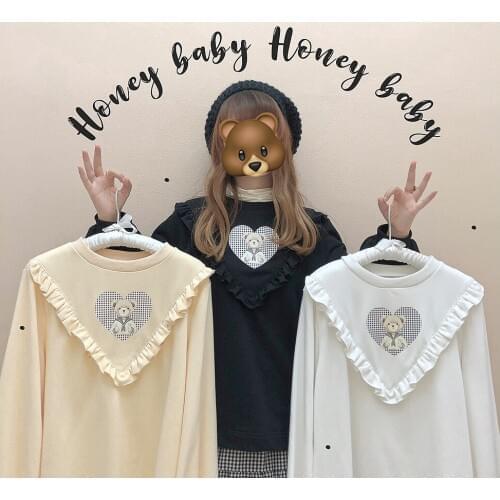 Honey Bear Winter Womens Loose Sweatshirt Ruffles Trim Long Sleeve Pullovers Hoodies Cute Beige & White & Black