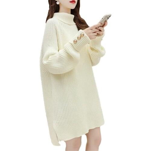 2021 Autumn Winter Thick Loose Long High Collar Knitted Sweater Women 3 Color Turtleneck Long Sleeve Knit Pullover Tops Female