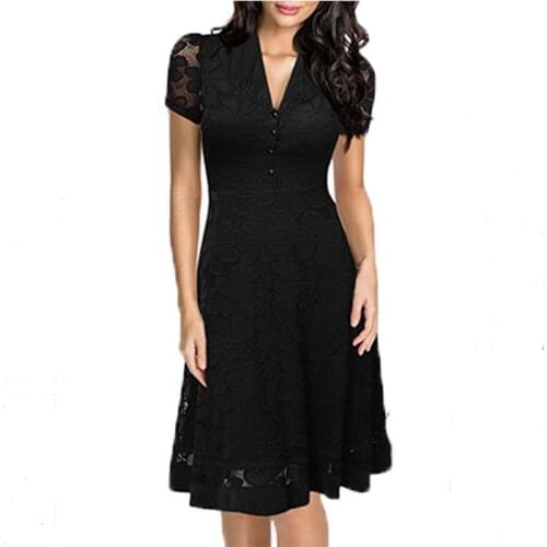 Summer Lace Dress Work Casual Slim Fashion V-neck Sexy Hollow Out Blue Red Dresses Women A-line Vintage Vestidos G26